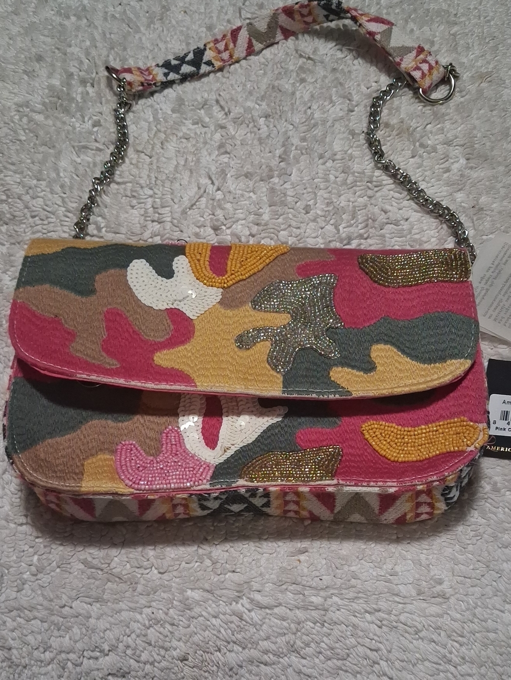 Beaded Multicolor Camouflage Shoulder Bag - Pink, Yellow & Green